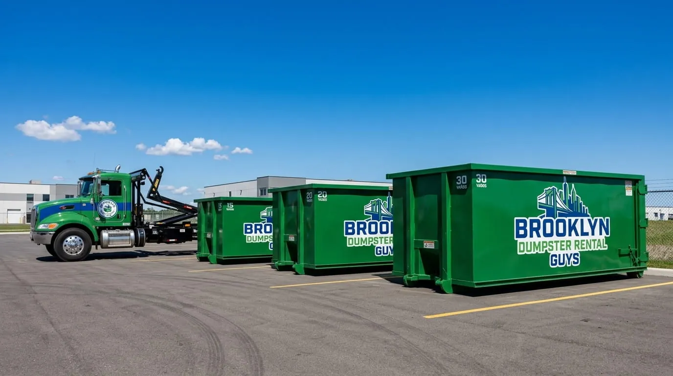 Brooklyn Dumpster Rental Guys fleet of roll-off dumpsters and trucks in Brooklyn, NY