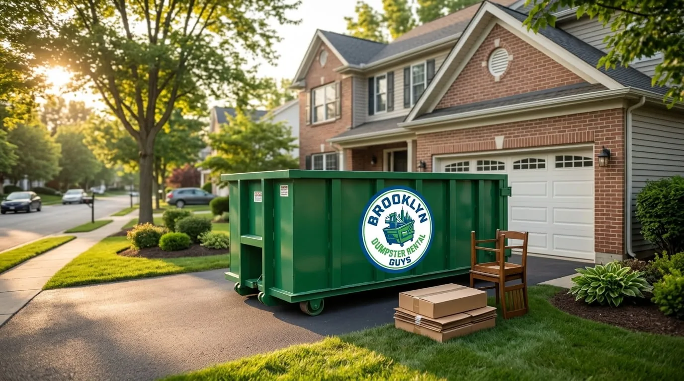 Dumpster rental in Sunset Park, NY Roll-off dumpster rental delivered to a Sunset Park, NY property by Brooklyn Dumpster Rental Guys