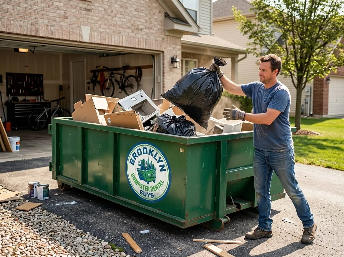 Loading household items into an estate cleanout dumpster in Brooklyn, NY